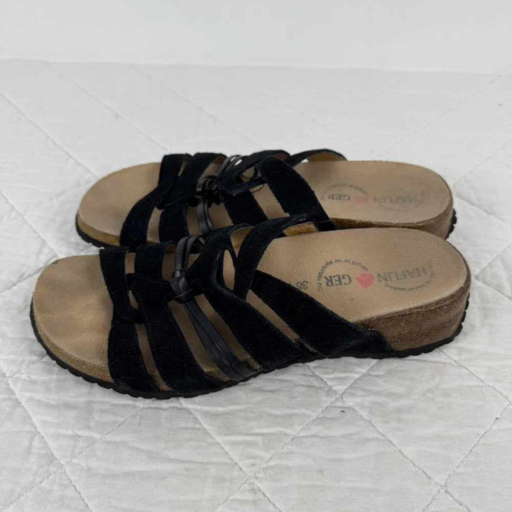 Haflinger‎ Black Suede Leather Strappy Cork Slide Sandals Womens 38 US 7